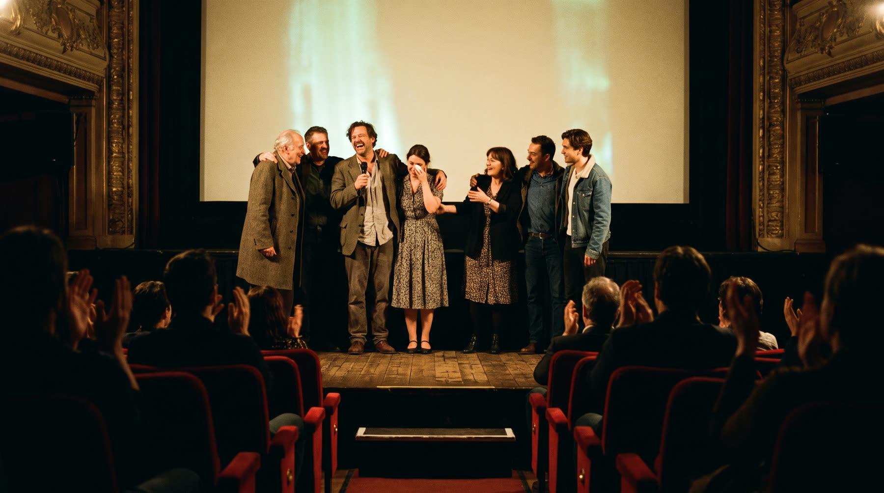A film crew together on stage after a premiere, audience applauding