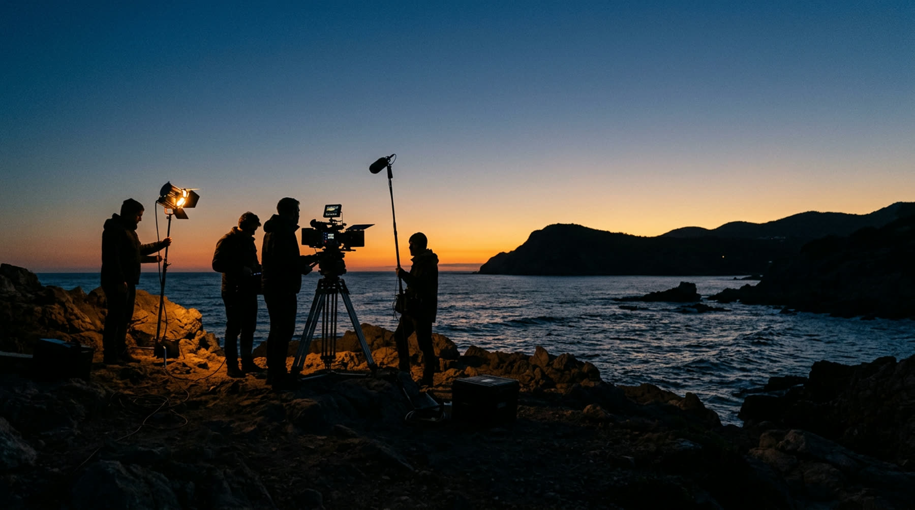 A film crew on a coastal location at dusk