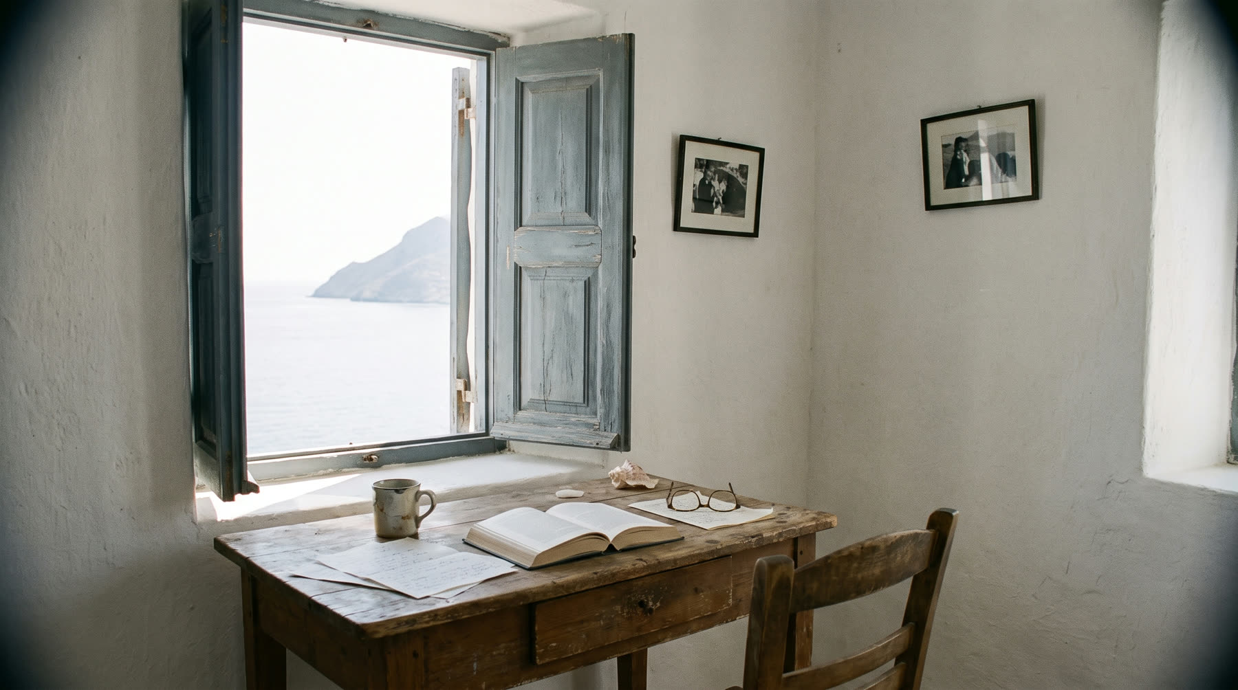 A writing desk at an open window above the sea