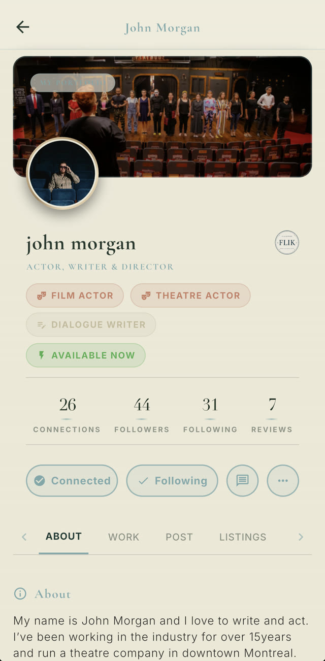 A verified actor, writer and director profile on FLIK