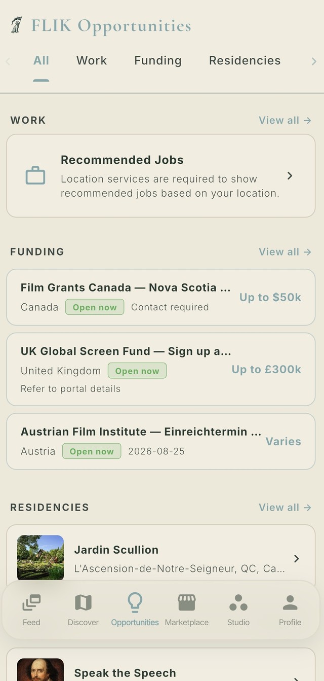 FLIK opportunity board listing film jobs, funding and residencies
